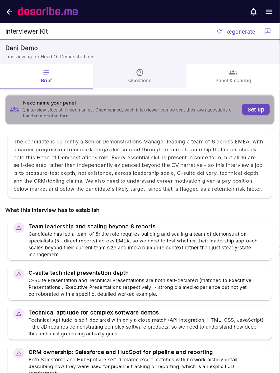 Interviewer Kit brief showing what the interview has to establish for a candidate, with each focus area tied to the evidence behind it
