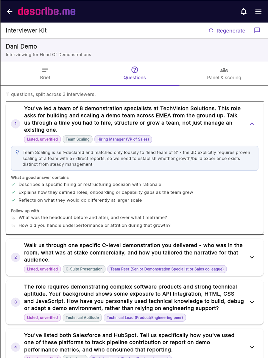 Interview questions written for a specific candidate, each tagged with the skill it probes and the panel member asking it, expanded to show what a good answer contains
