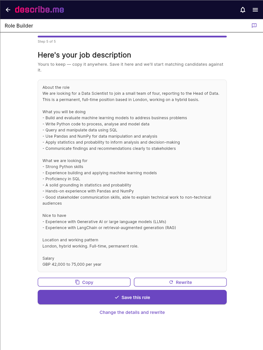 describe.me Role Builder &mdash; the finished job description, containing only the facts the employer supplied