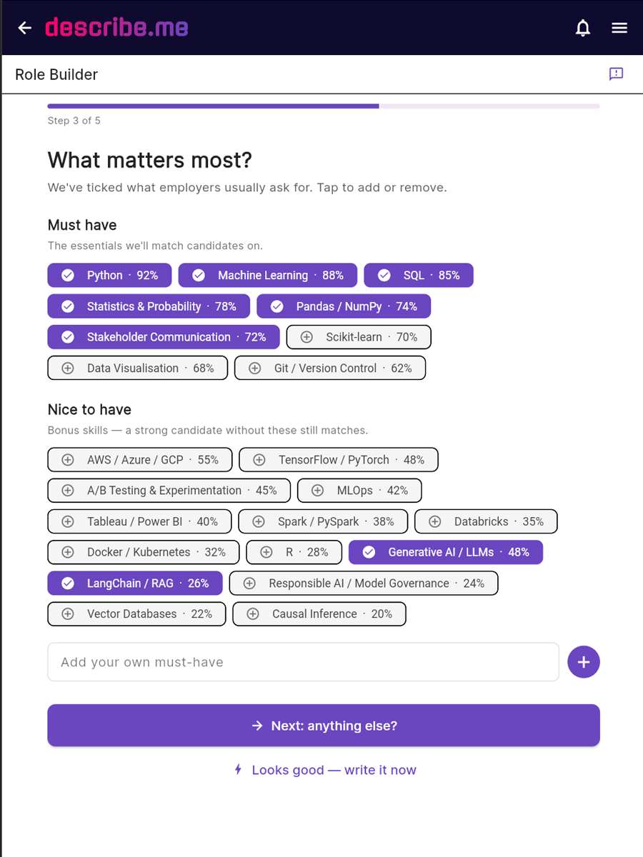 describe.me Role Builder &mdash; entering a role title pre-fills the essential skills employers ask for and a market salary band