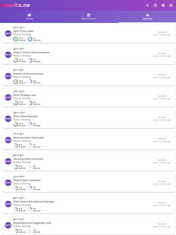 describe.me Smart Matching &mdash; ranked candidate list showing match percentages and skills counts